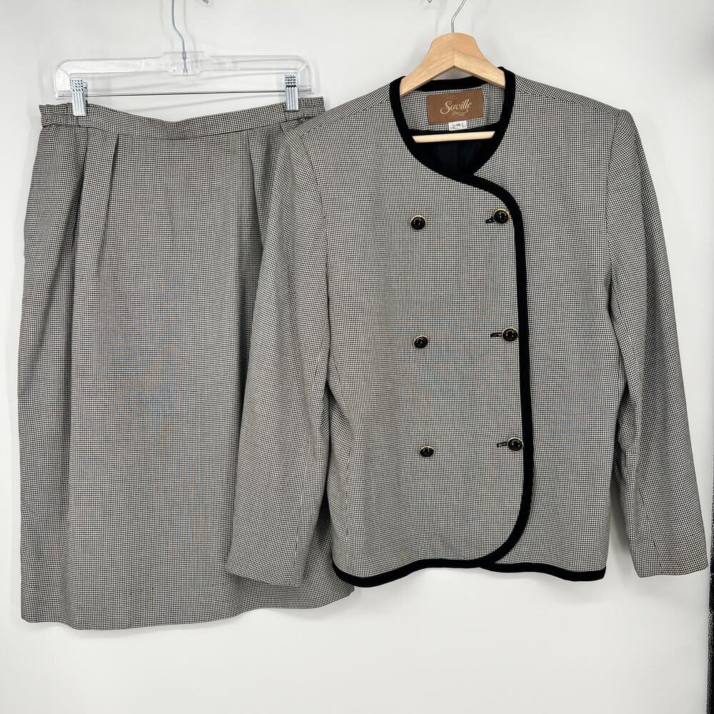 Vtg Savile Skirt Suit 2 Pc Size 14 Black White Houndstooth Double Breasted USA